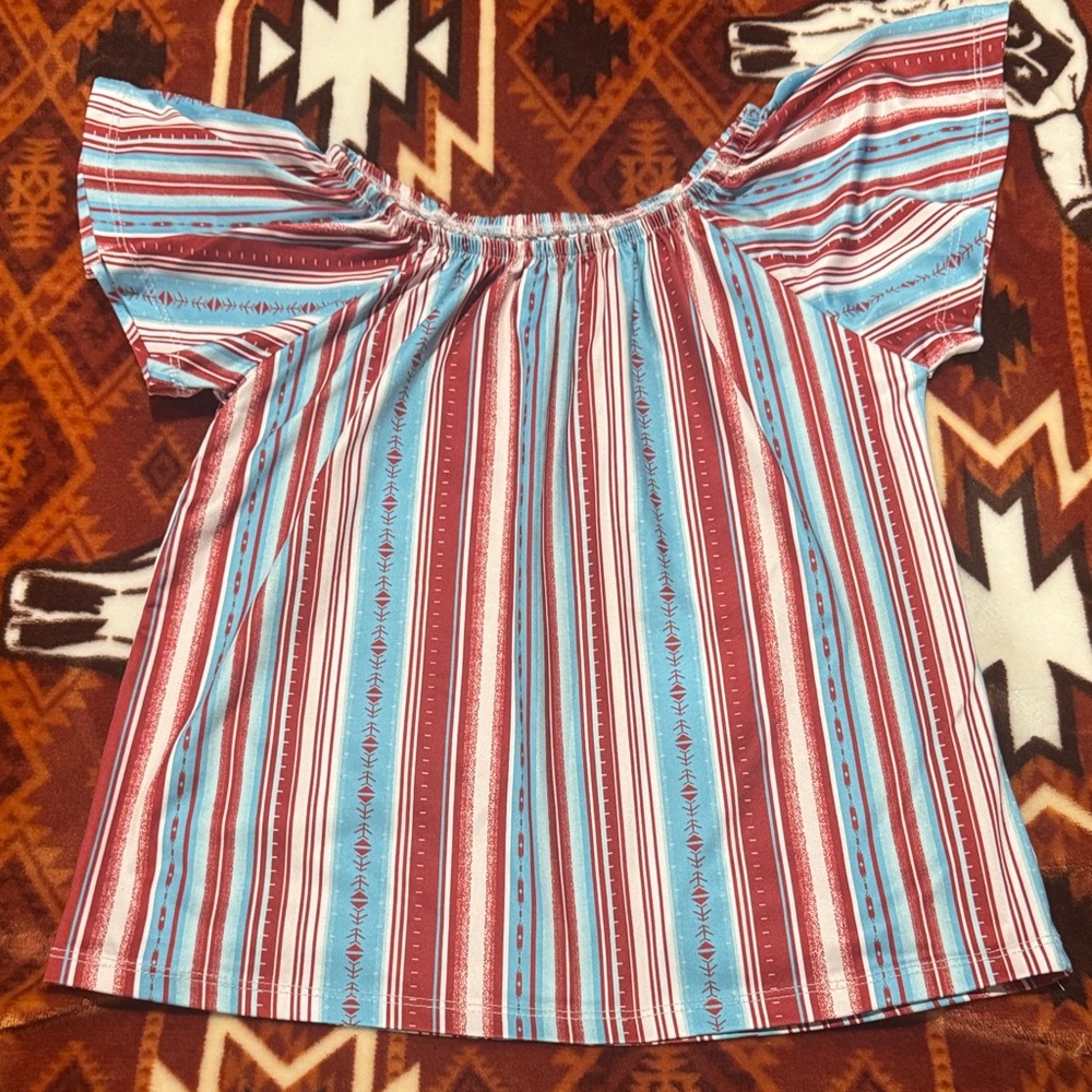 Girls' Rust & Light Blue Striped Off-Shoulder Top